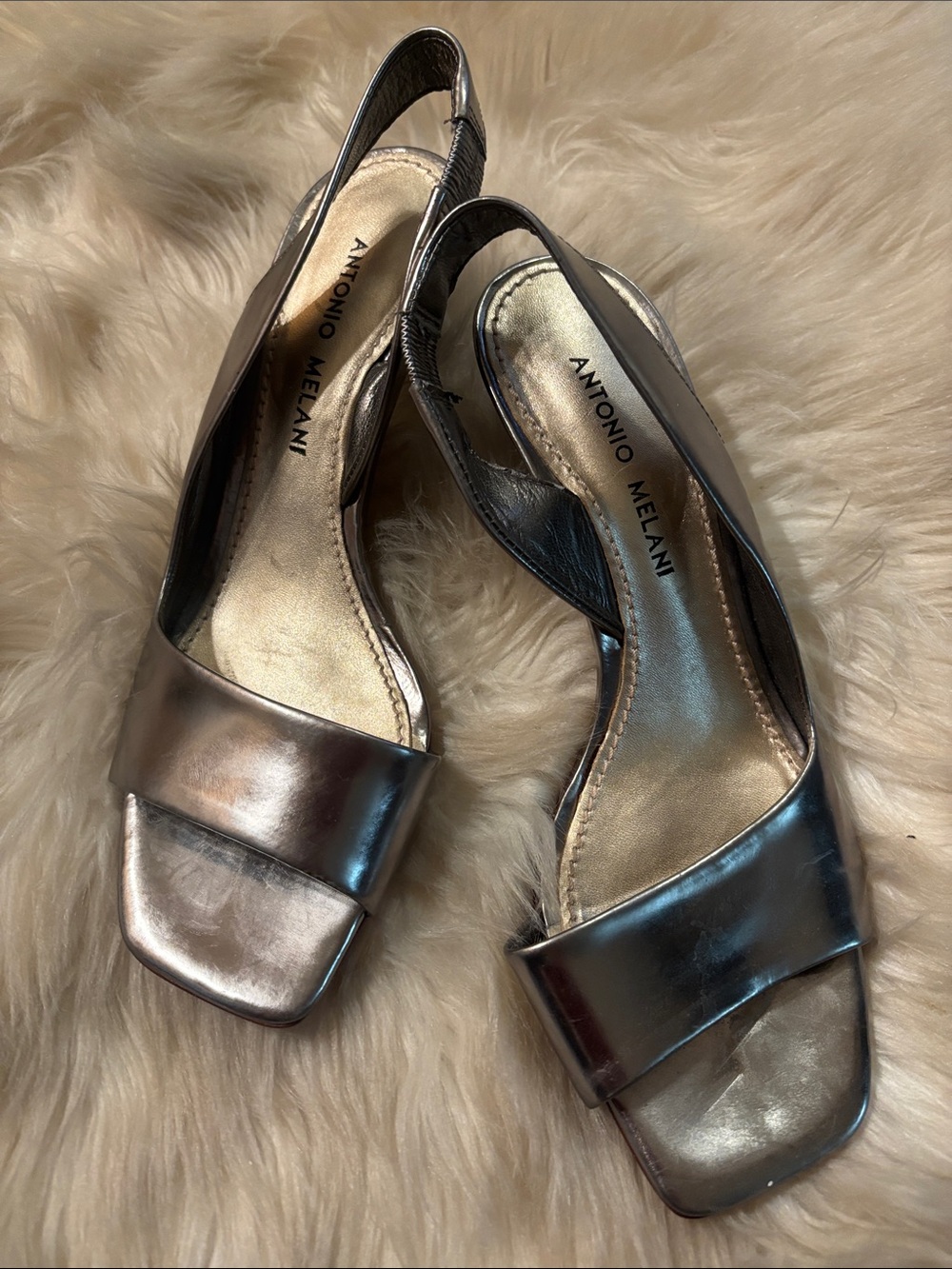 ANTONIO MELANI Metallic Pewter Slingback Sandals
